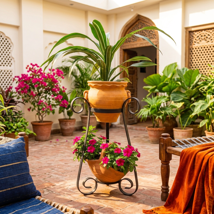 Black iron dual pot planter stand with terracotta pots and pink flowers in a sunlit traditional courtyard