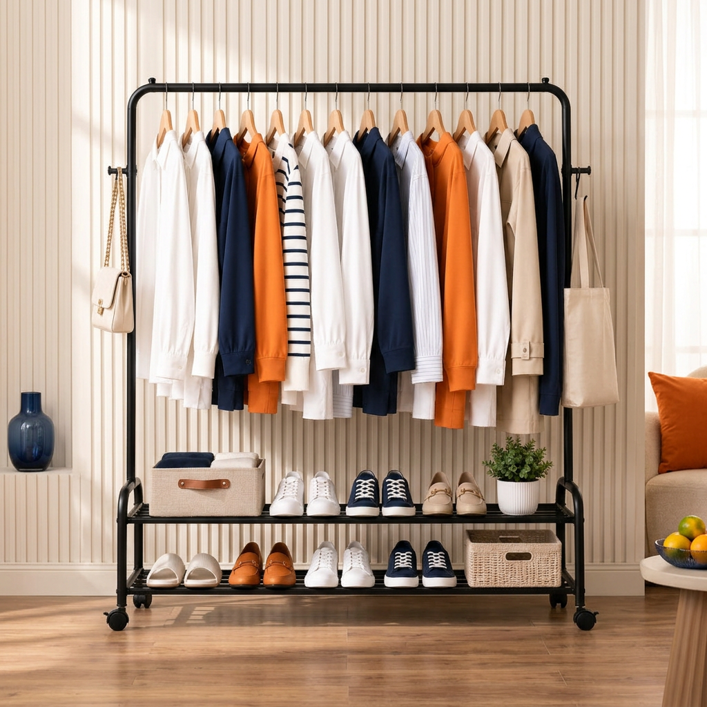Black clothes hanging stand with double shoe rack and wheels in a bright sunlit room