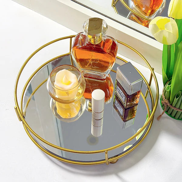 Round Gold Metal Mirror Vanity Tray with Handle