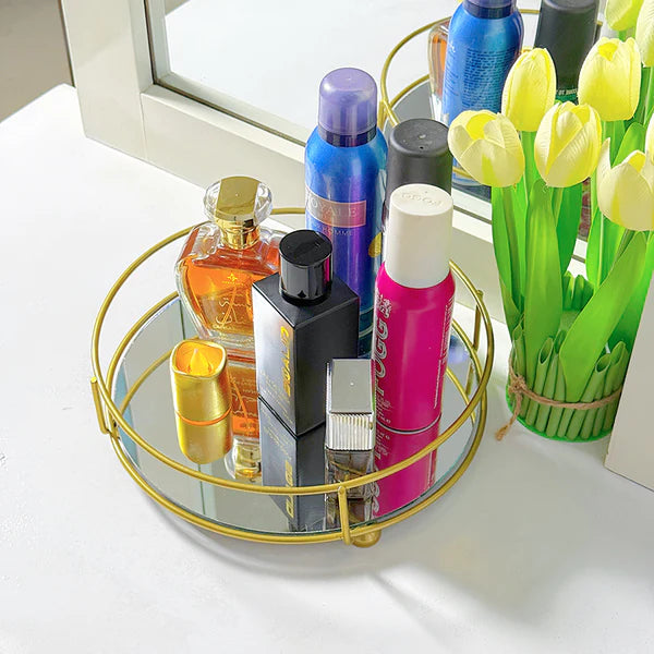 Round Gold Metal Mirror Vanity Tray with Handle