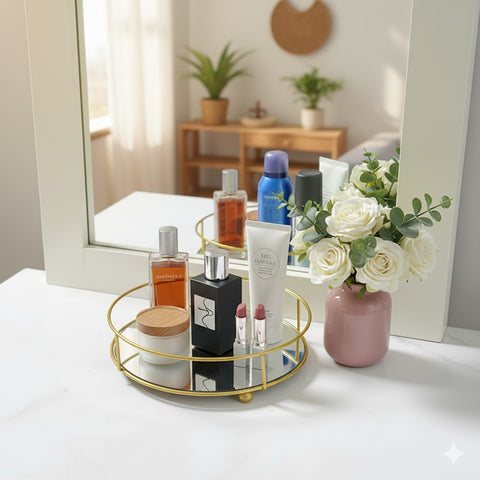 Round Gold Metal Mirror Vanity Tray with Handle
