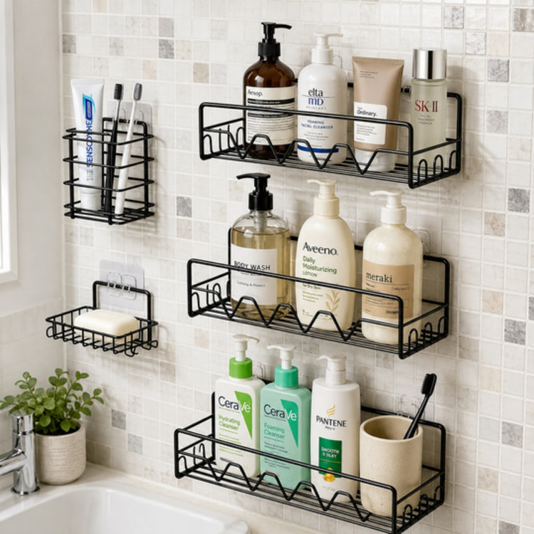 Bathroom Storage Solution Set With Adhesive Stickers| No Drill Needed