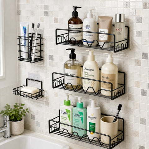 Bathroom Storage Solution Set With Adhesive Stickers| No Drill Needed
