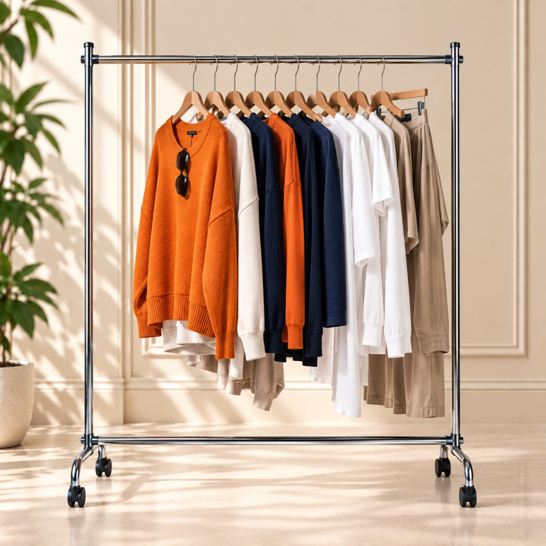 High Quality Cloth Hanging Stand Rack Single Pole For Home, Boutique , Garments Shop , Outdoor And Bedroom (20 Gauge Metal) With Wheels