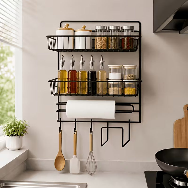 Wall Mounted Storage Rack | Double Rack Seasoning Storage Rack With Tissue  holder