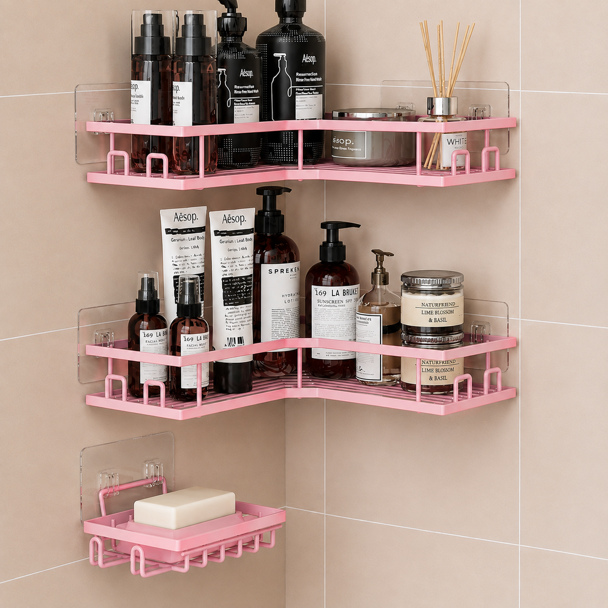 Pink No-Drill Corner Shower Caddy Set