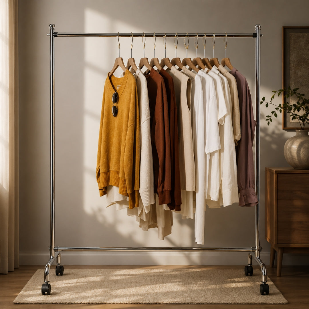 High Quality Cloth Hanging Stand Rack Single Pole For Home, Boutique , Garments Shop , Outdoor And Bedroom (20 Gauge Metal) With Wheels