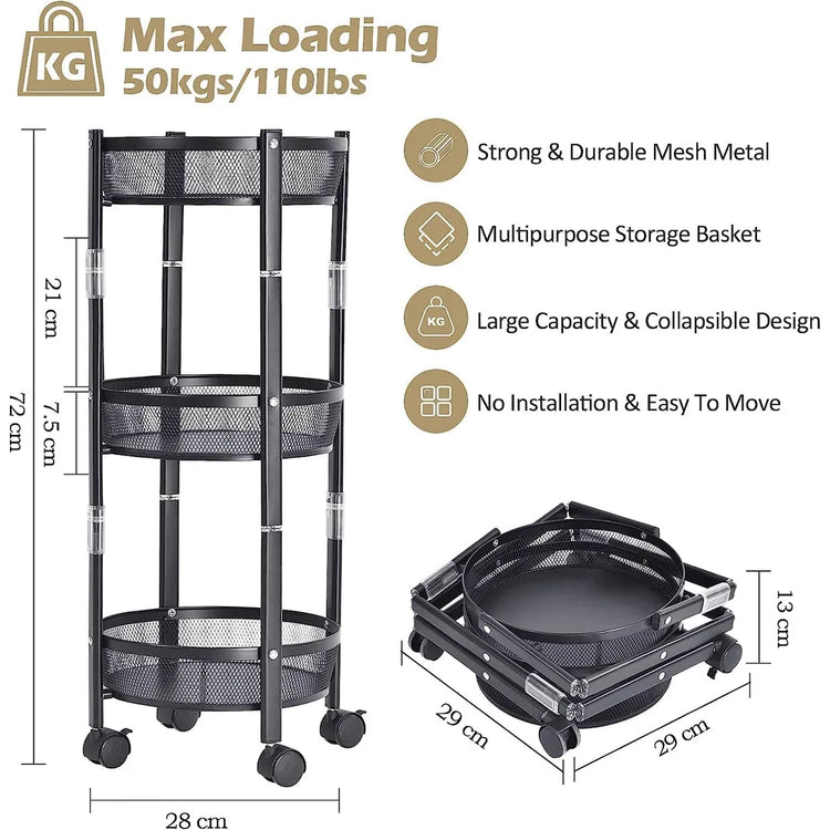 Black 3 Tier Rotating Kitchen storage rack with wheels