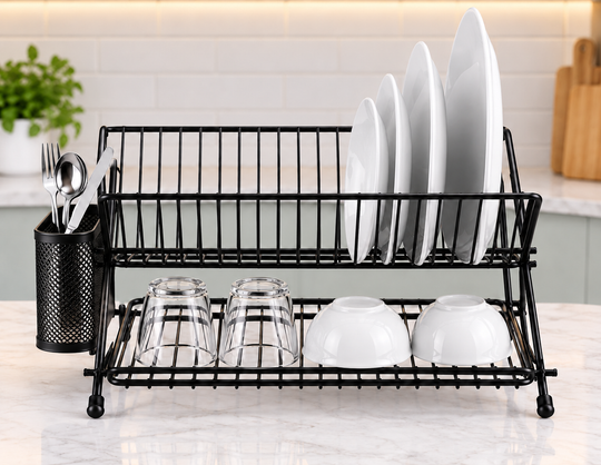 2-Tier Metal Dish Rack with Cutlery Holder – Black