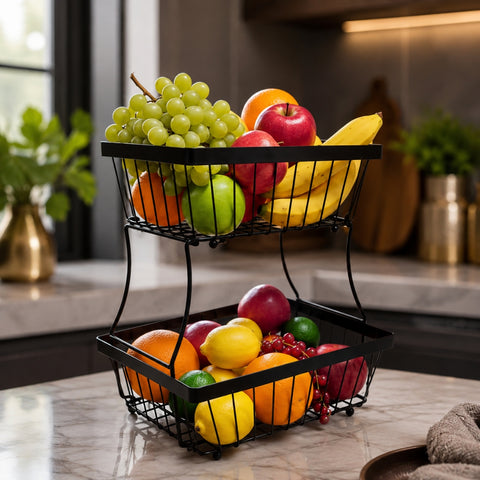 2 Tier Stainless Steel Fruit Basket - Black
