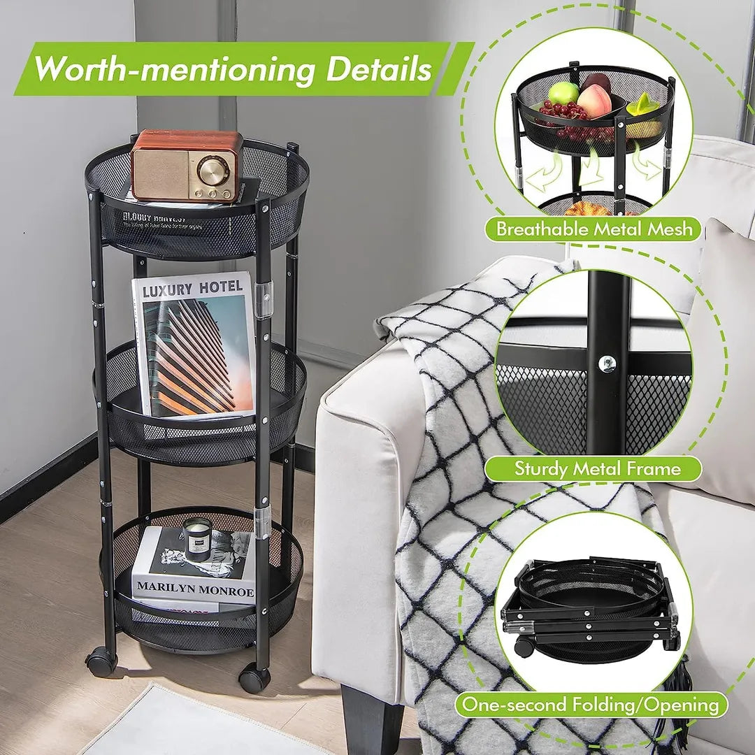 Black 3 Tier Rotating Kitchen storage rack with wheels