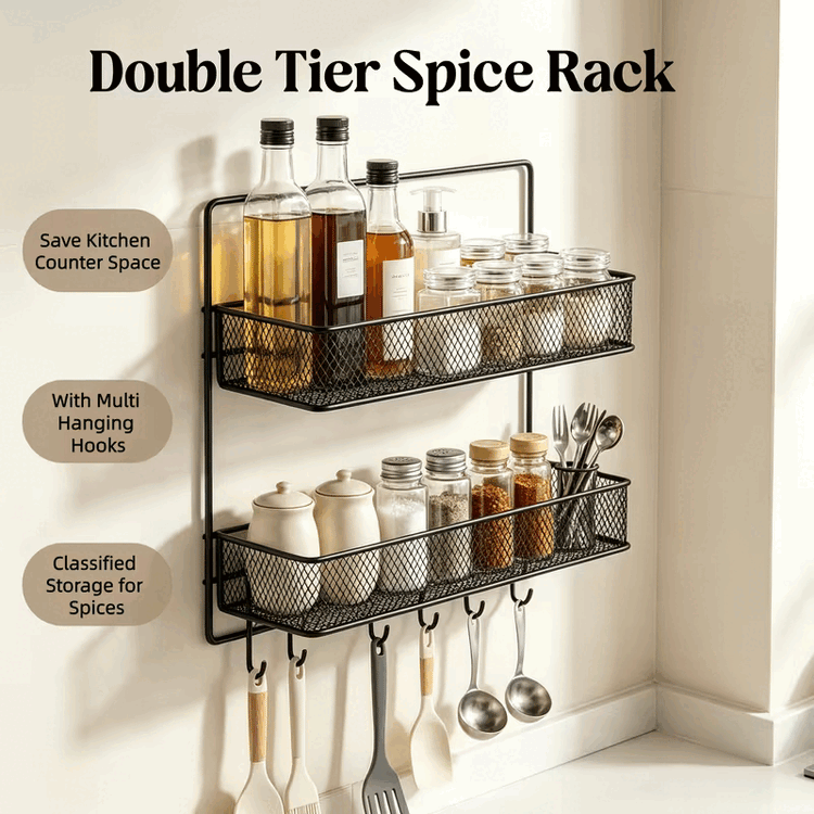 2 Tier Metal Mesh Wall Mount Spice Rack With Hanging Hooks | No Drill Wall Shelf