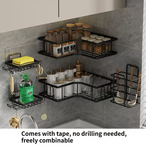 5 Pc Kitchen & Bathroom No Drill Wall Mounted Storage Rack With Stickers