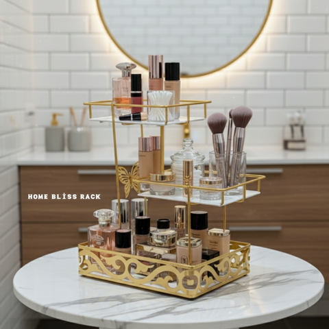 3 Layer makeup Organizer Metal And Marble Texture Arcylic Top Quality