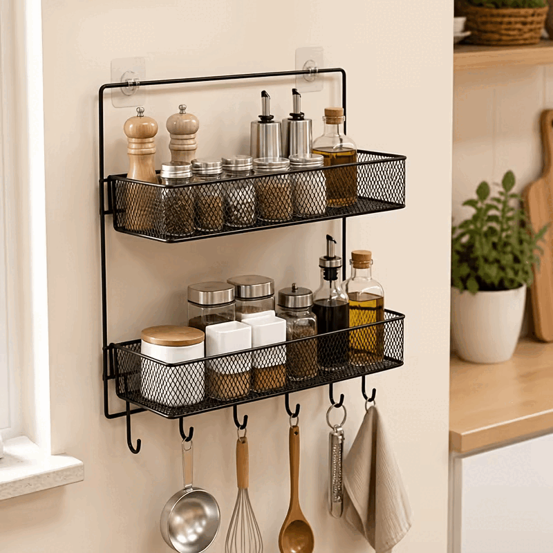 2 Tier Metal Mesh Wall Mount Spice Rack With Hanging Hooks | No Drill Wall Shelf