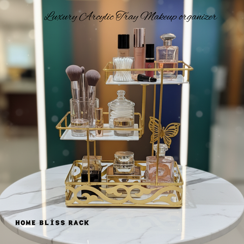 3 Layer makeup Organizer Metal And Marble Texture Arcylic Top Quality