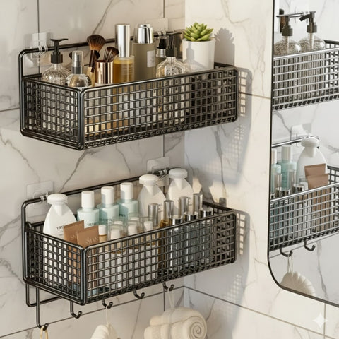2-Pack Basket with Adhesive Hooks Space-Saving Organizer for Bathroom,