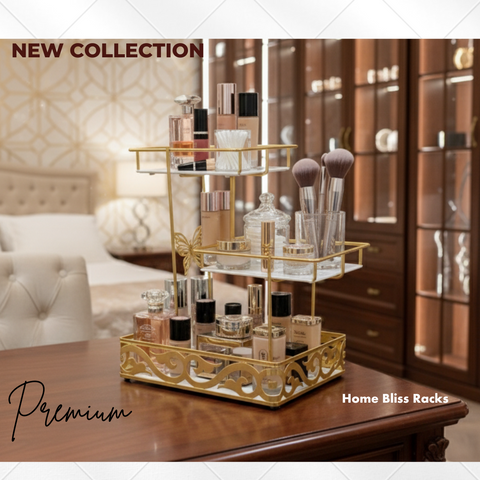 3 Layer makeup Organizer Metal And Marble Texture Arcylic Top Quality