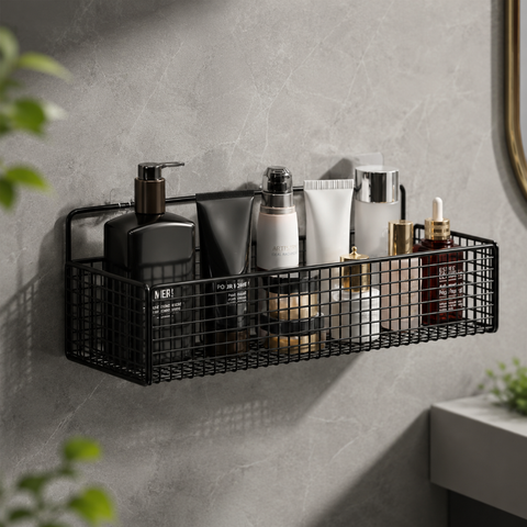 wall mounted metal basket with self adhesive hooks
