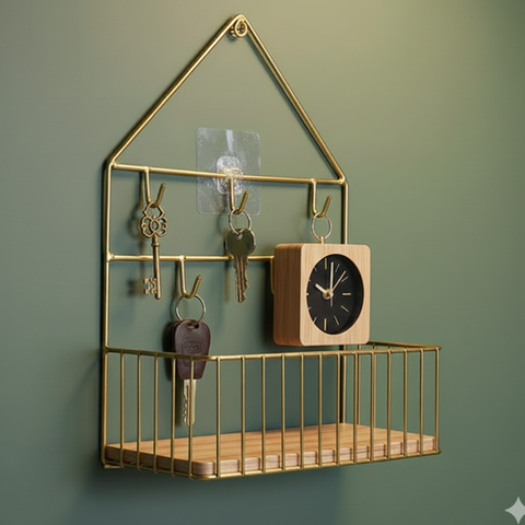 Home shaped Wall Mounted Shelf with Hooks