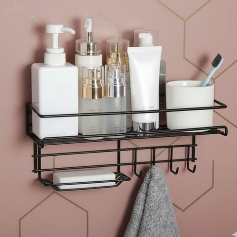 Wall Mounted Shelf With Hooks And Soap Holder