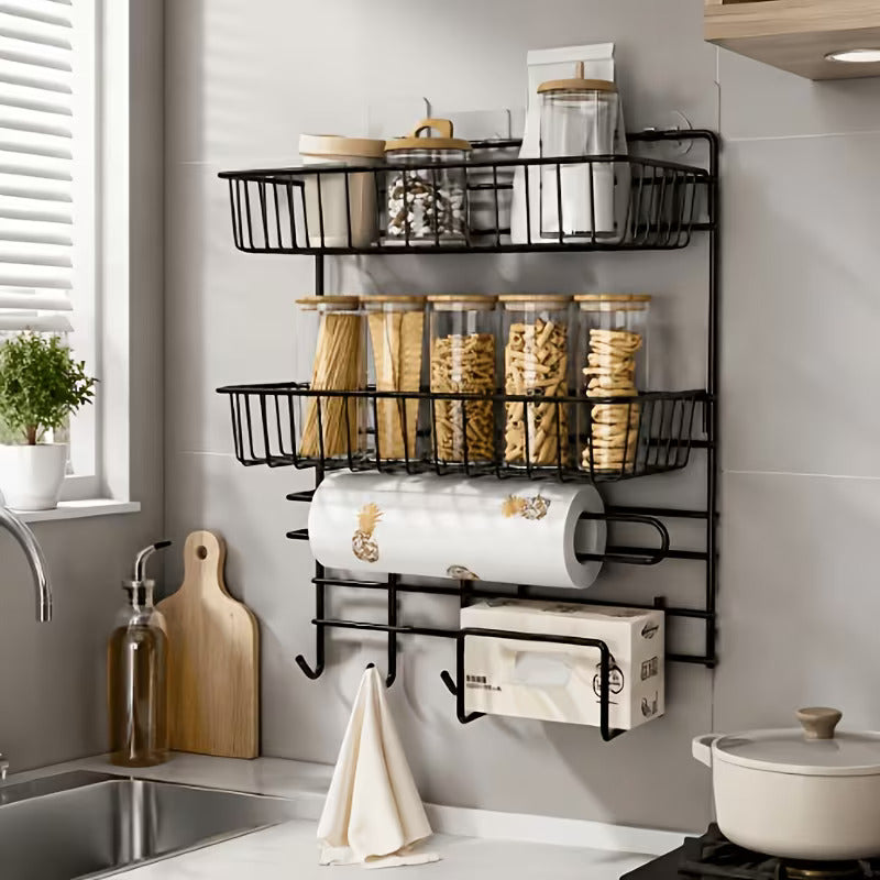 Wall Mounted Storage Rack | Double Rack Seasoning Storage Rack With Tissue  holder