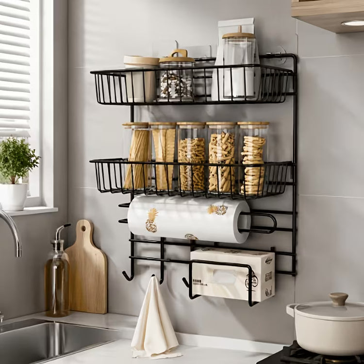 Wall Mounted Storage Rack | Double Rack Seasoning Storage Rack With Tissue  holder