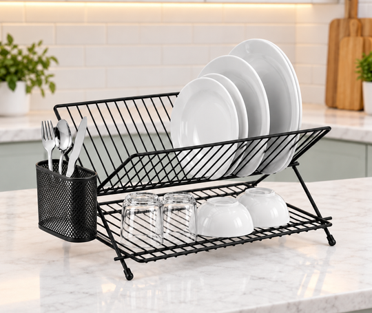 2-Tier Metal Dish Rack with Cutlery Holder – Black