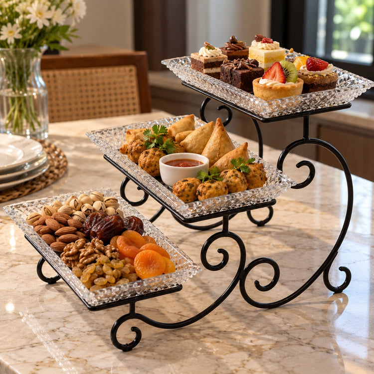 3-Tier Black Dish Rack With Luxury Crystal Serving Trays