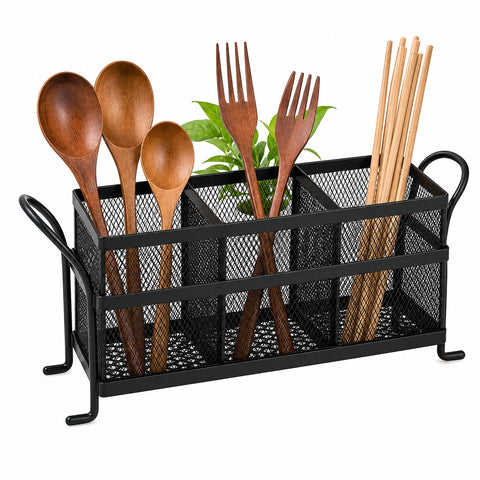 3-Compartment Metal Mesh Cutlery Organizer with Handle