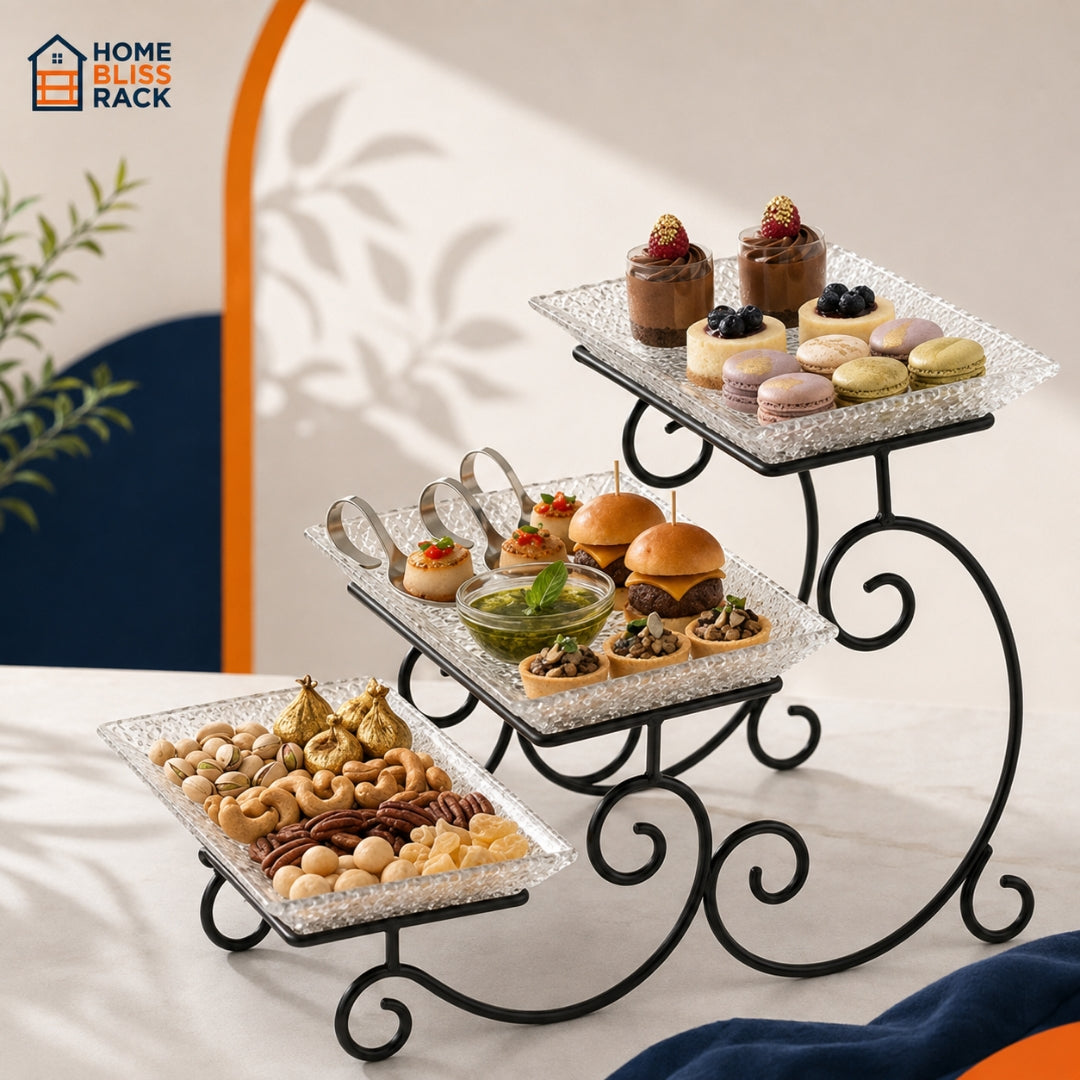 3-Tier Black Dish Rack With Luxury Crystal Serving Trays
