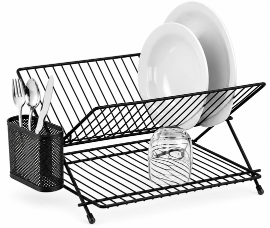 2-Tier Metal Dish Rack with Cutlery Holder – Black