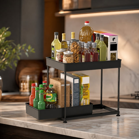 2 Tier Kitchen Shelf, Multi-functional Carbon Steel Rust Proof &Strong Load Bearing
