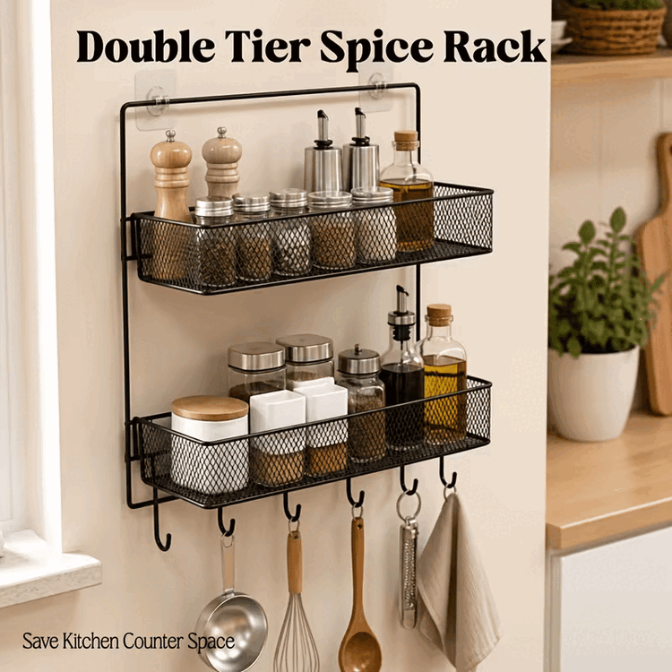 2 Tier Metal Mesh Wall Mount Spice Rack With Hanging Hooks | No Drill Wall Shelf