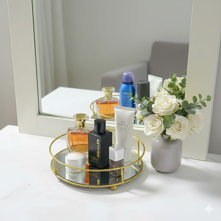Round Gold Metal Mirror Vanity Tray with Handle