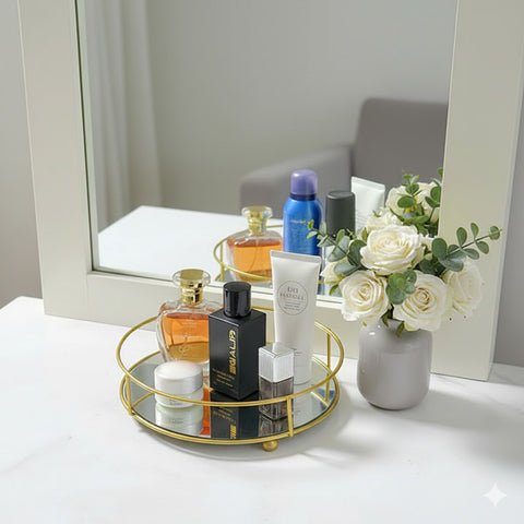 Round Gold Metal Mirror Vanity Tray with Handle
