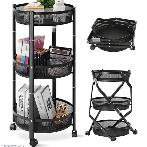 Black 3 Tier Rotating Kitchen storage rack with wheels