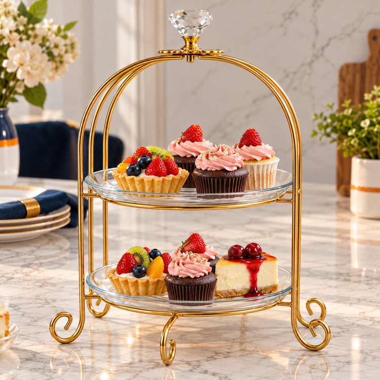 Golden 2-Tier Serving Stand With Glass Plates