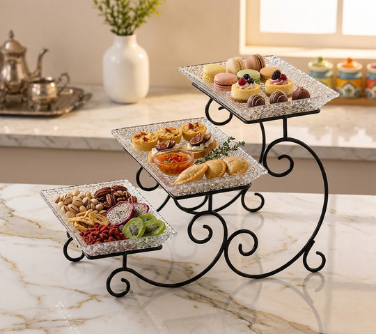 3-Tier Black Dish Rack With Luxury Crystal Serving Trays