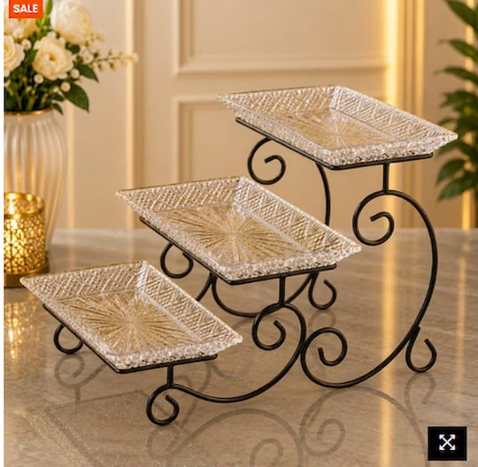 3-Tier Black Dish Rack With Luxury Crystal Serving Trays