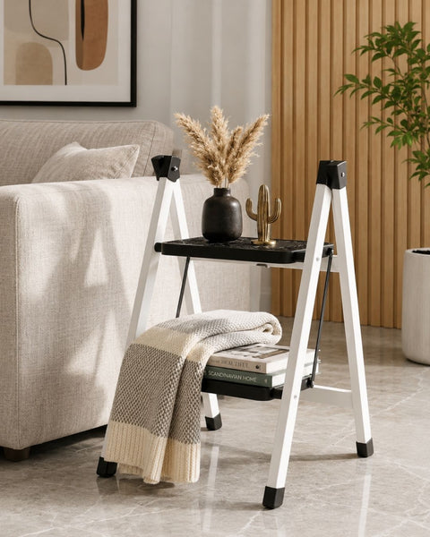 2-Step Folding Metal Stool Ladder | Compact Safety Step Ladder With Anti-Slip Treads
