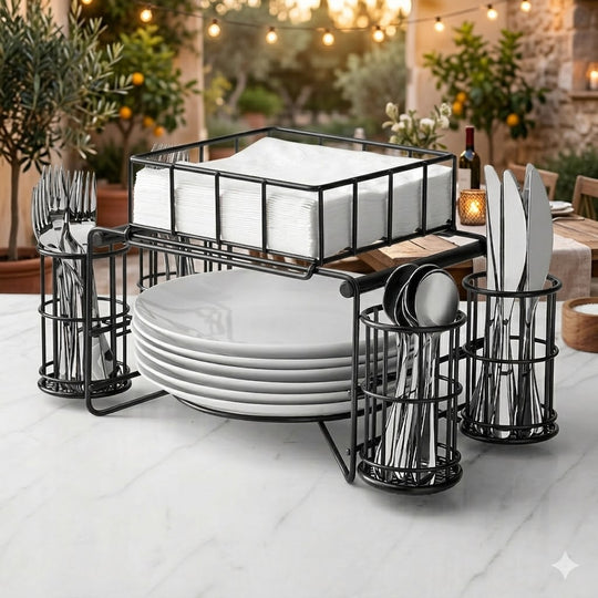 3 in 1 luxury metal Buffet Organizer Plate Cutlery & Napkin Holder