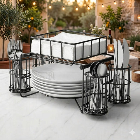 3 in 1 luxury metal Buffet Organizer Plate Cutlery & Napkin Holder