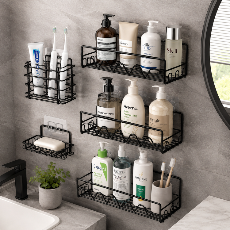 Bathroom Storage Solution Set With Adhesive Stickers| No Drill Needed