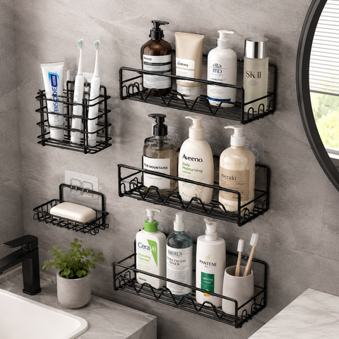 Bathroom Storage Solution Set With Adhesive Stickers| No Drill Needed