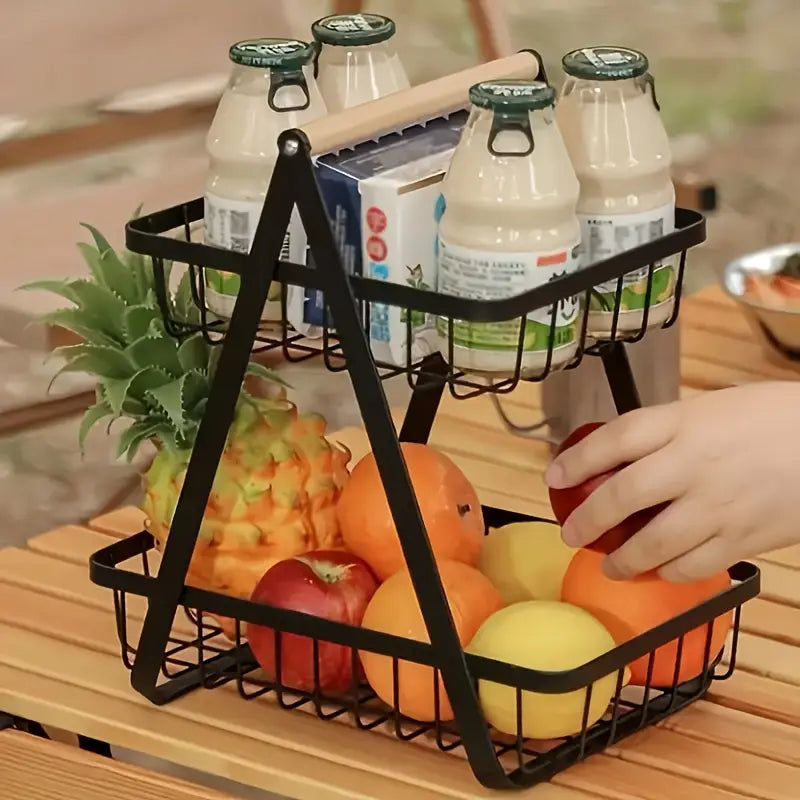 Wooden Handle 2 Tier Basket